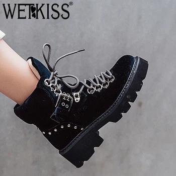 

WETKISS Autumn Pleuche Women Ankle Boots Round Toe Footwear High Heels Female Military Boot Cross Tied Platform Shoes Woman New