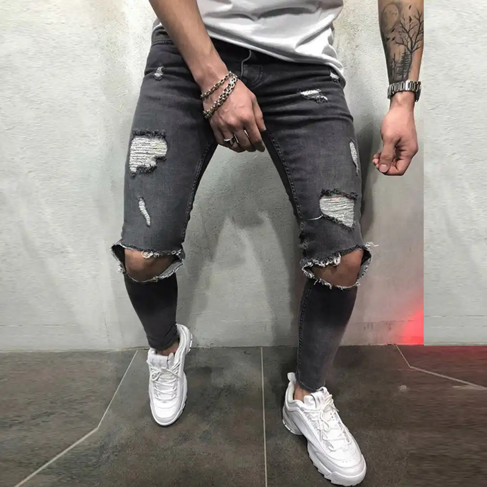 New Fashion Mens Jeans Skinny Stretch Denim Pants Distressed