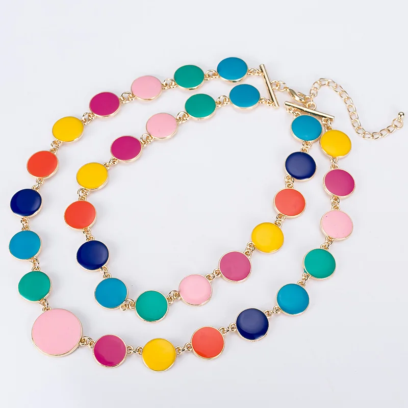 

Two layer Multi Strand colour Acrylic round pattern Necklace Silver / Rose Gold Collar Chain Necklaces for Women Jewelry #N122