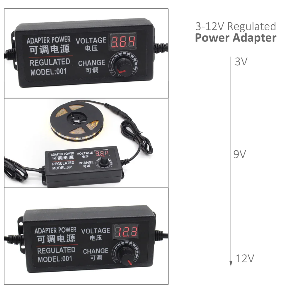 Трансформатор источник питания AC 110V 220V to DC 12V 3V 5V 24V Регулируемый адаптер с дисплеем 3A Светодиодный драйвер для светодиодной ленты