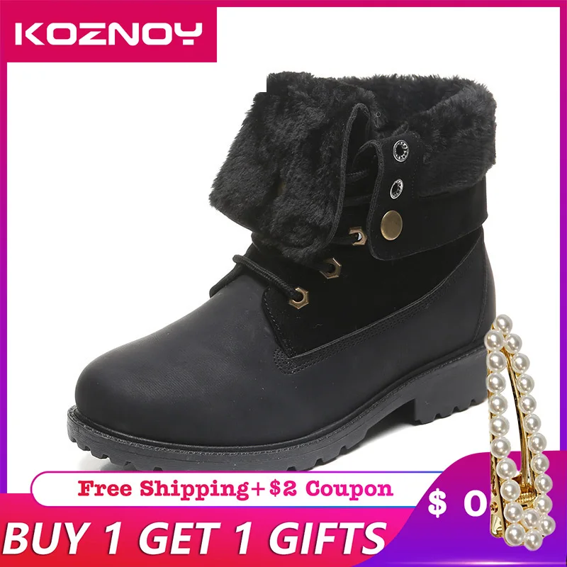 

Koznoy 2019 Winter Boots Fur Turn Over Boots Women Plush Warm Fashion Ankle Shoes Platform Booties Female Ladies Boots