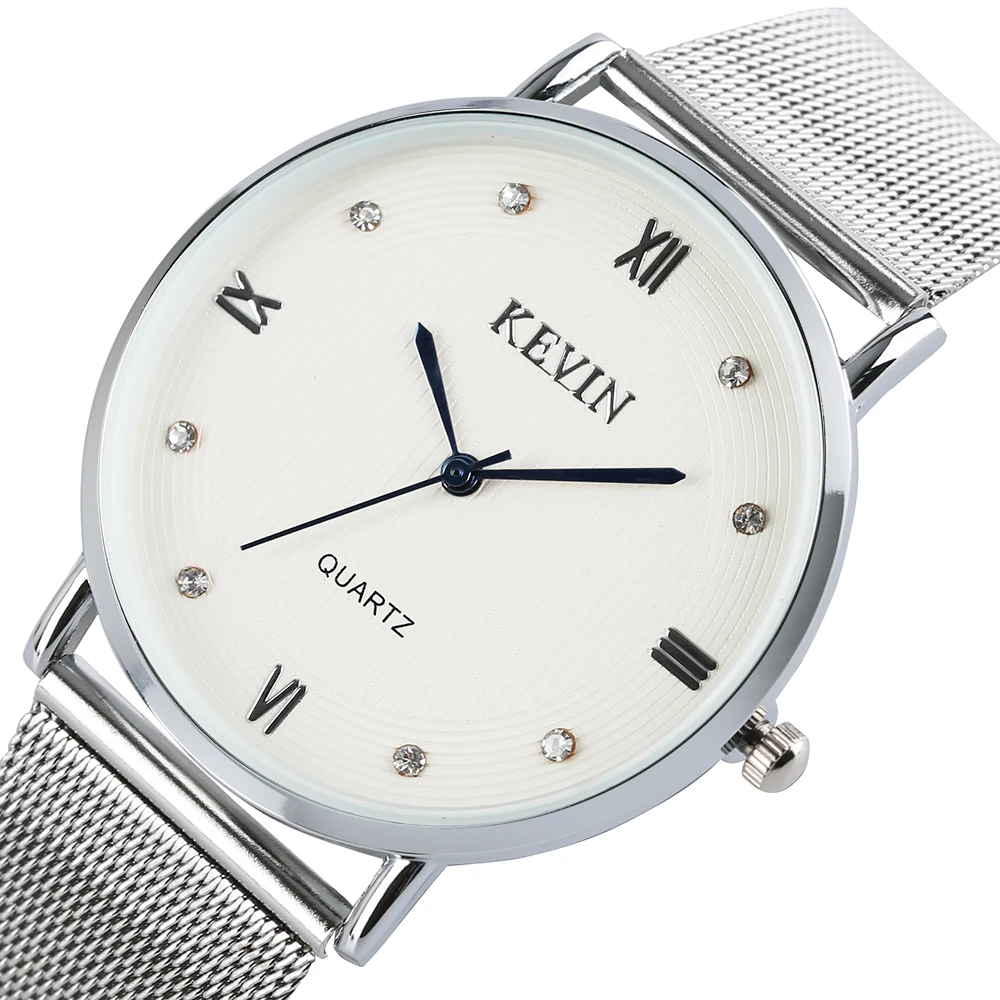 

KEVIN Women Watches Crystal Rhinestone Quartz-Watch Luxury Silver Stainless Steel Mesh Band Clock Best Gifts for Wife Girlfriend