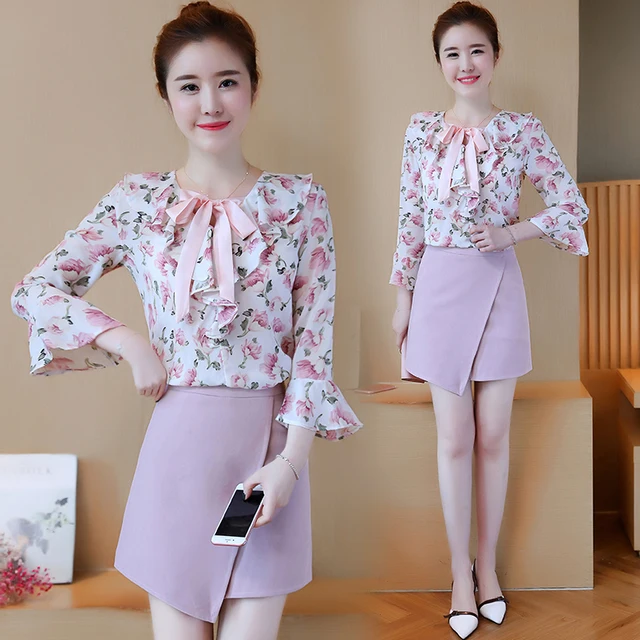 Korean fashion women autumn new chiffon blouse shirt & pink skirt suit