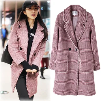 

New Autumn Winter Women Coat Plus Size Fashion Loose Double Breasted Pockets Plaid Woolen Blends Coat For Women Larger Outerwear