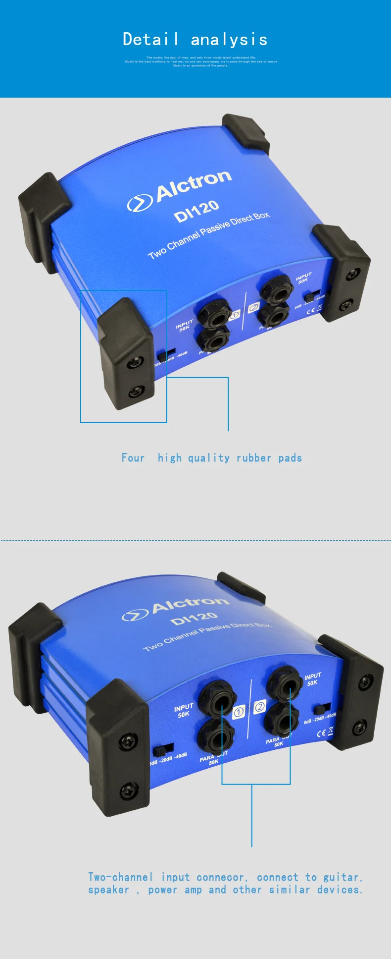 Alctron DI120 пассивный DI box используется для записи гитары и сценического исполнения отлично подходит для акустической и электрогитары с клавиатурой