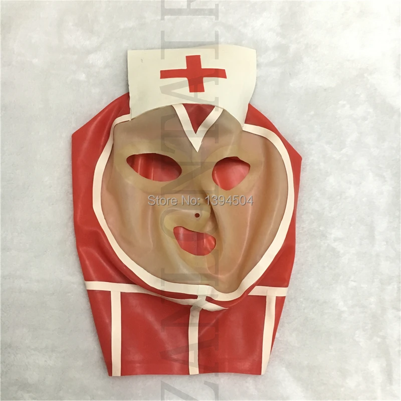 

New women female Handmade Customized Latex Cosplay maid Hoods transparent spliced red nurse Fetish Mask Heroine mask Headgear