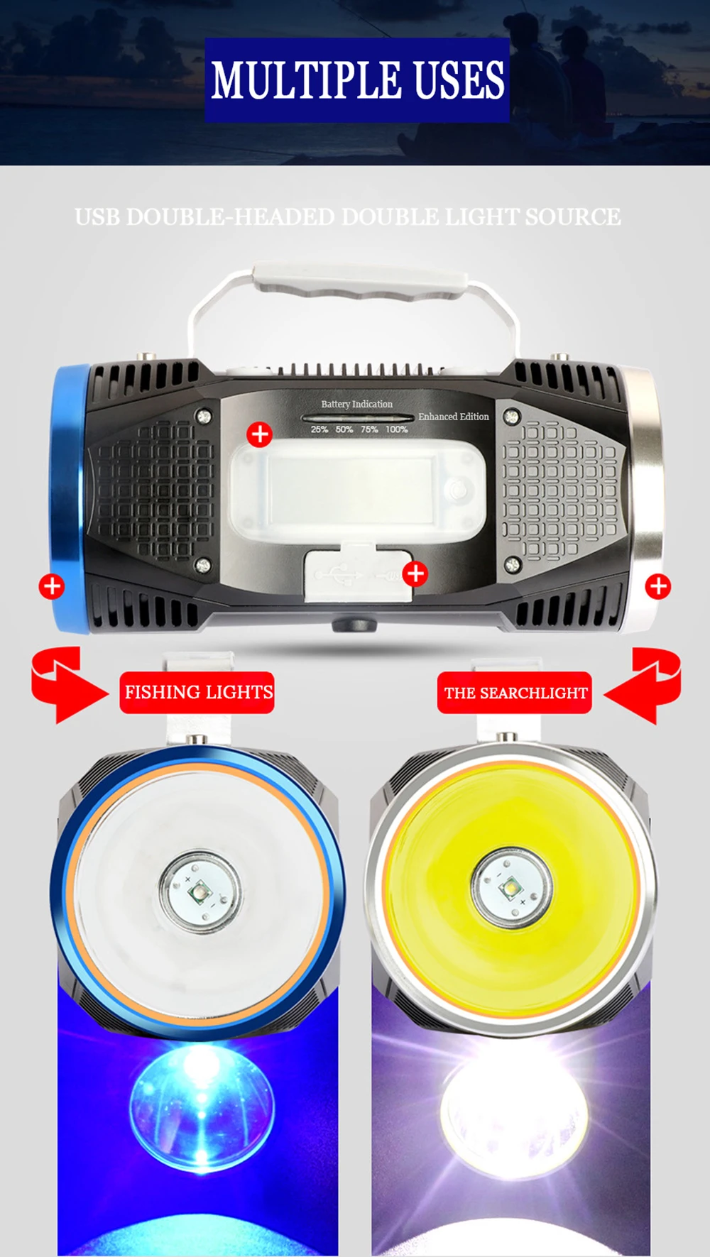Многофункциональный светодиодный светильник для поиска, светильник-вспышка, рыболовный светильник, двойной светильник, источник, встроенная перезаряжаемая литиевая батарея, 4 светильник ing