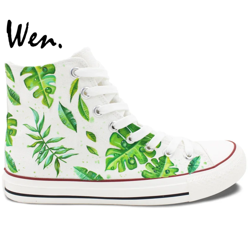 Prix pour Wen Custom Design Hommes femmes Peint À La Main Blanc Appartements Chaussures Vert Feuilles High Top Toile Sneakers pour Cadeaux D'anniversaire Prix pour Wen Custom Design Hommes femmes Peint À La Main Blanc Appartements Chaussures Vert Feuilles High Top Toile Sneakers pour Cadeaux D'anniversaire