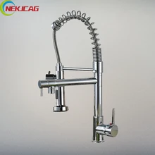 Полированная chrome Весна кран двойной Носик раковина кран Палуба Гора Весна Pull Down кухонной мойки смеситель для кухни смеситель