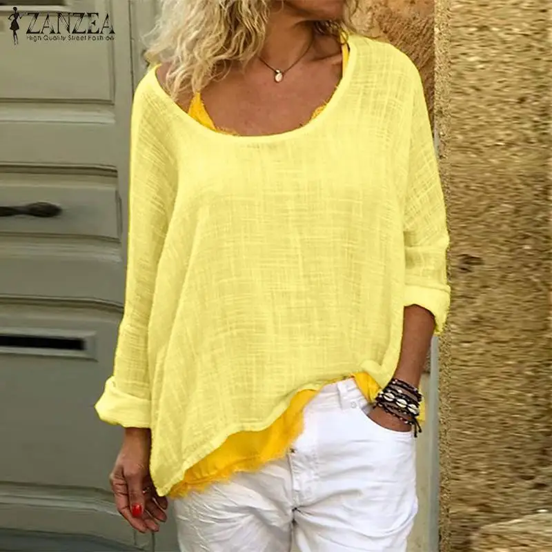 

ZANZEA Women Cotton Linen Shirt Autumn Blouse Casual Solid O Neck Long Sleeve Tunic Tops Robe Femme Work OL Blusas Femininas