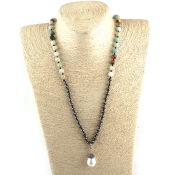 

Fashion 8mm Natural Amazonite Stone Knotted Hematite beads Pearl Pave Pendant Necklaces Women Ethnic Necklace