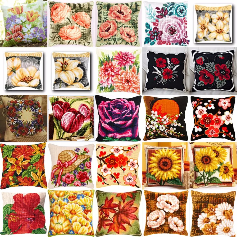 

1flowers 04 NEW DIY Needlework Kit Acrylic Yarn Embroidery Pillow Tapestry Canvas Cushion Front Cross Stitch Pillowcase