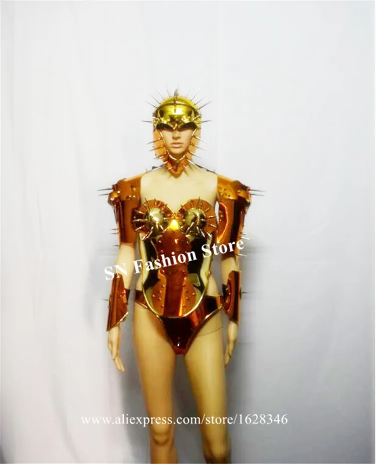 EC731 для женщин чехол с темой роботов костюм певица DJ комбинация золото зеркало сценические костюмы танцы носит Платье заклепки одежда