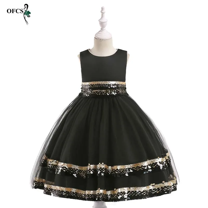 

Baby Christmas Clothes Black Sequin Dress Girl Floral Princess Party Dress Kids Birthday Wedding Dress Children Spring Clothing