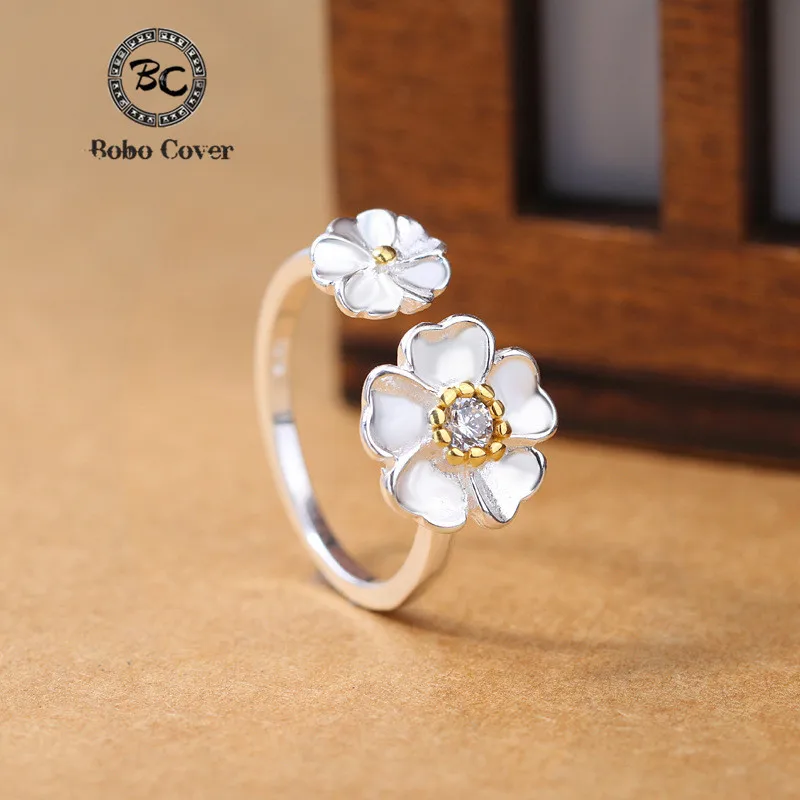 

BoBo Cover Designer Silver Plated Flower Ring Adjustable women Vintage Plum blossom statement open Finger Ring Chinese Elements