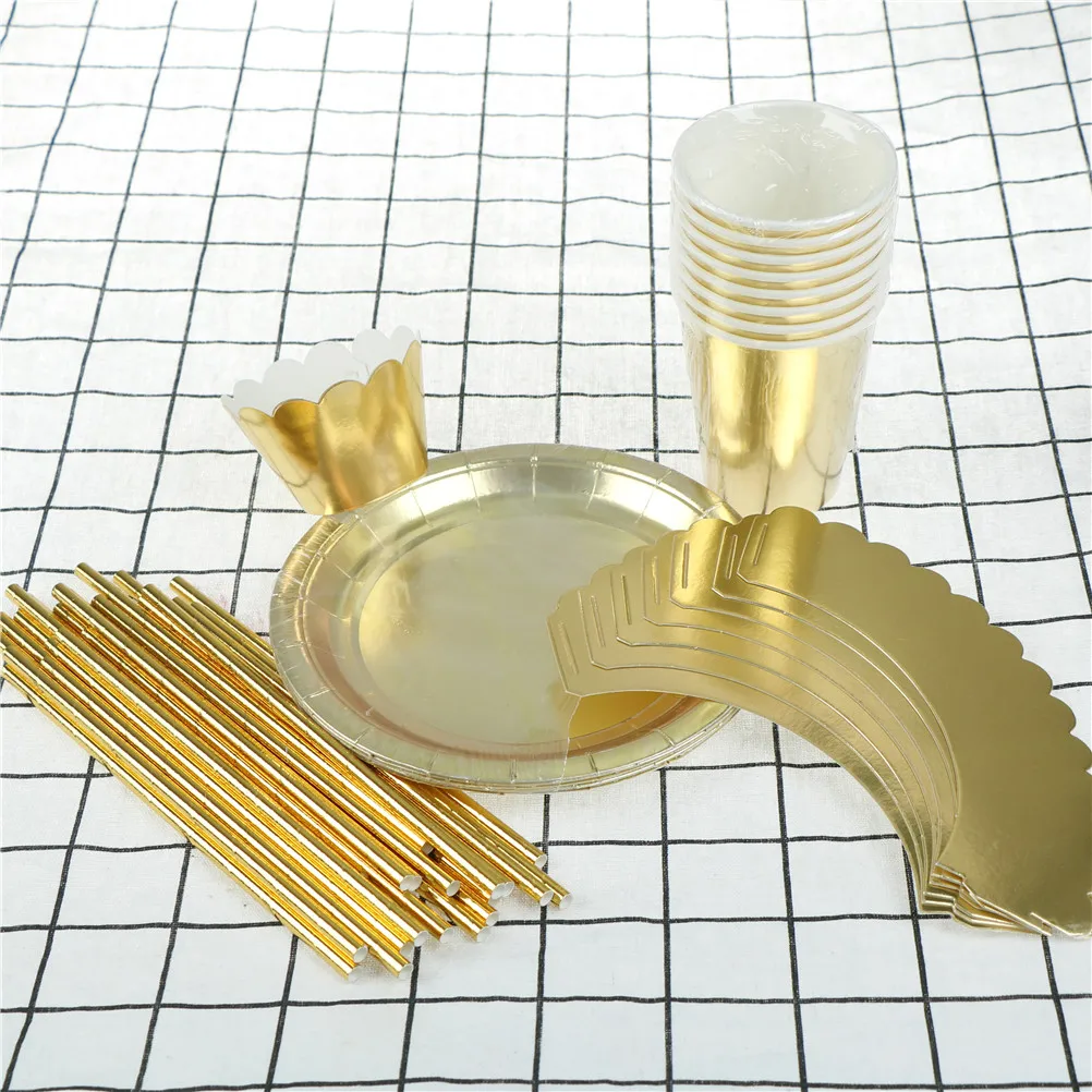 Gold Foil Solid Disposable Paper Plate Cups Straws Cake Wrappers Cupcake Stand Dessert Cardboard  Party Supplies