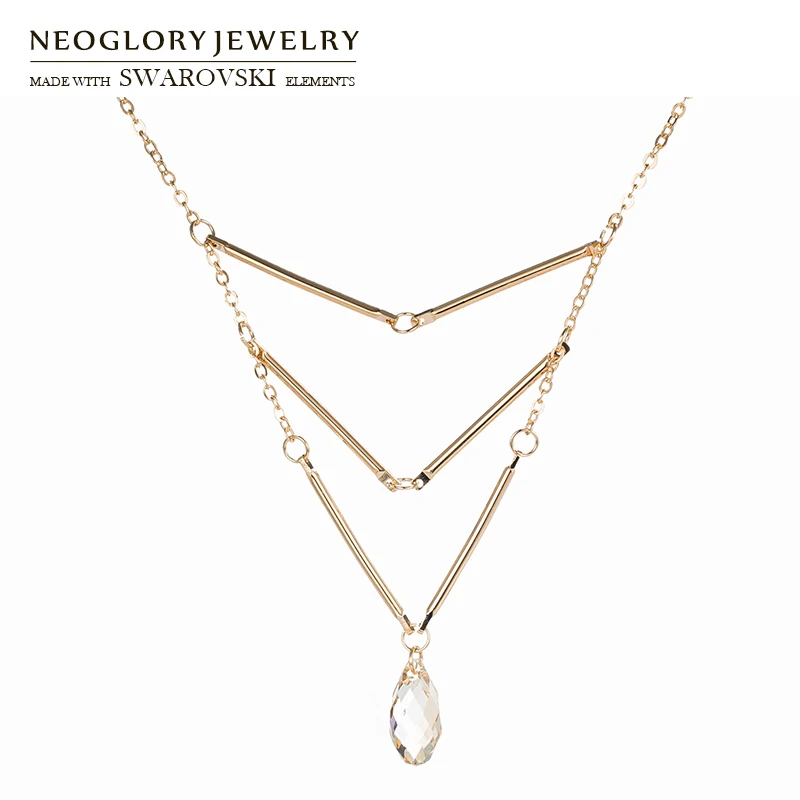 

Neoglory Austria Crystal Long Pendant Necklace Elegant Geometric Water Drop Stylish Jewelry Champagne Gold Color For Gift