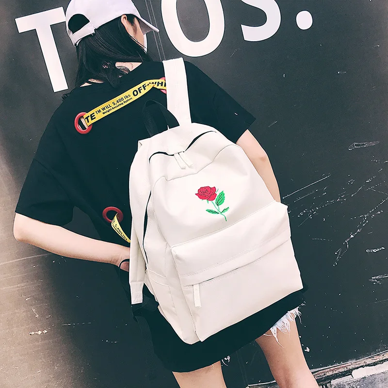 Men Canvas Backpack Cute Fashion Women Rose Embroidery Backpacks for Teenagers Women\'s Travel Bags Mochilas Rucksack School Bags (63)