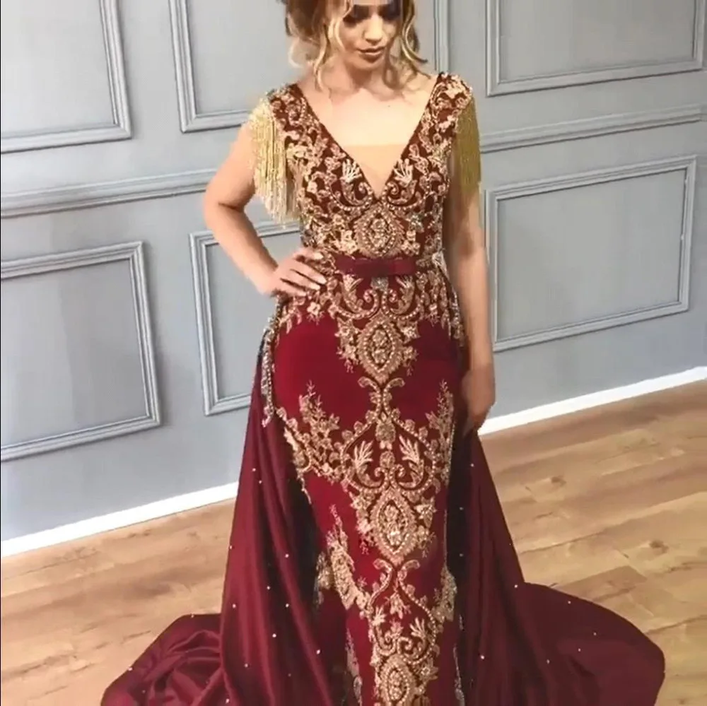

2019 Burgundy Luxurious Evening Dresses Mermaid Gold Emboridery Lace V-neck Beading Tassel Formal Party Gowns Robe de soiree