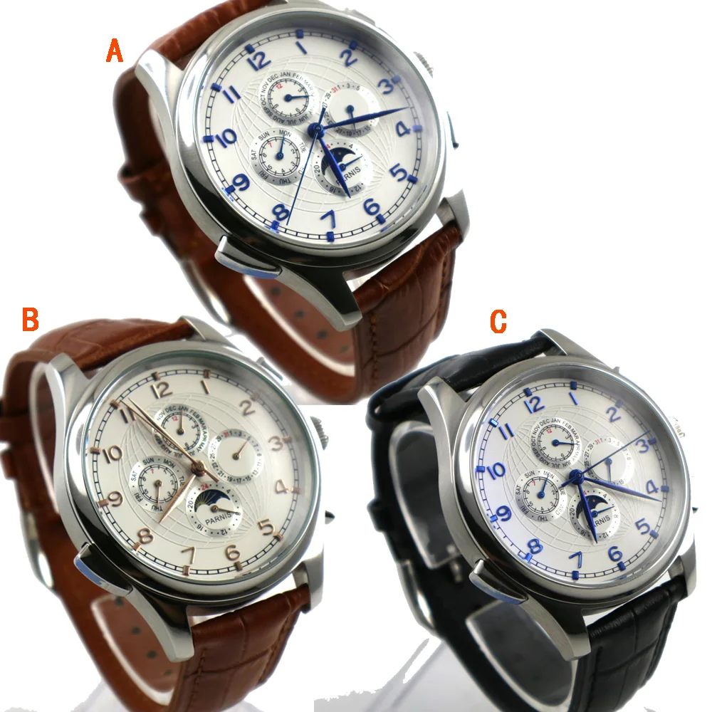 44 ملليمتر PARNIS الأبيض الهاتفي الأزرق الأيدي القمر المرحلة التلقائية الذاتي الرياح الميكانيكية حركة الرجال الساعات ساعات آلية