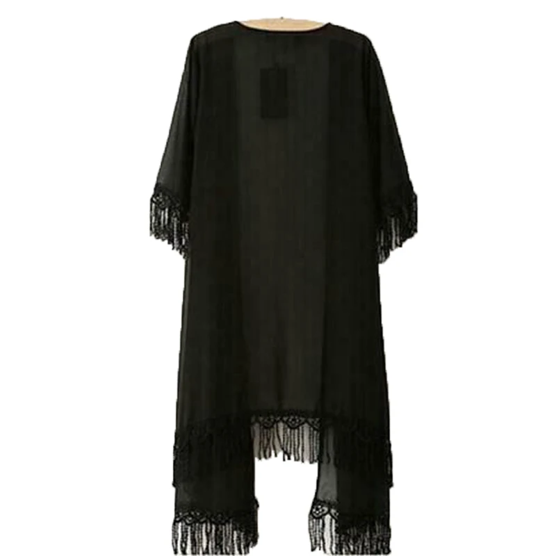 

Summer Shirt Kimono Cardigan Long Loose Blouse Tassel Beach Black/white Cover Up Tops Chiffon Chemise Femme