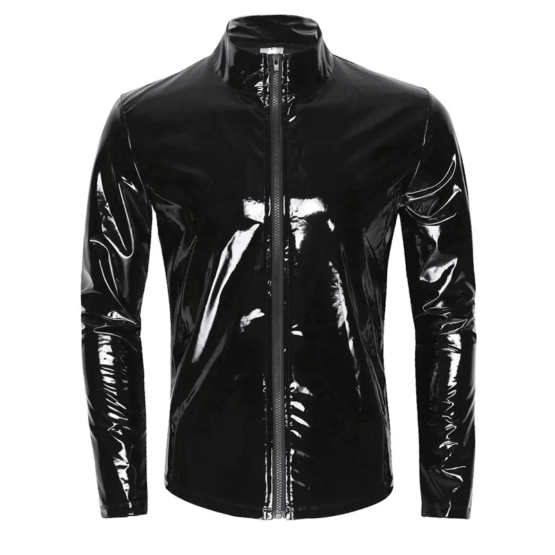 YiZYiF Men Shiny Metallic Front-Zip Stand Collar Tops Wet Look Sexy Patent Leather Nightclub Style Long Sleeve Tops For Men motorcycle leather jackets Casual Faux Leather