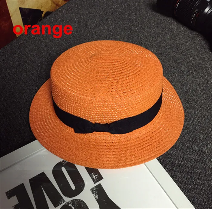Летние пляжные пшеничной соломы Fedora Шляпа Панама Брим канотье Hat Кепки с лентой с бантом на поясе для Для женщин - Цвет: orange