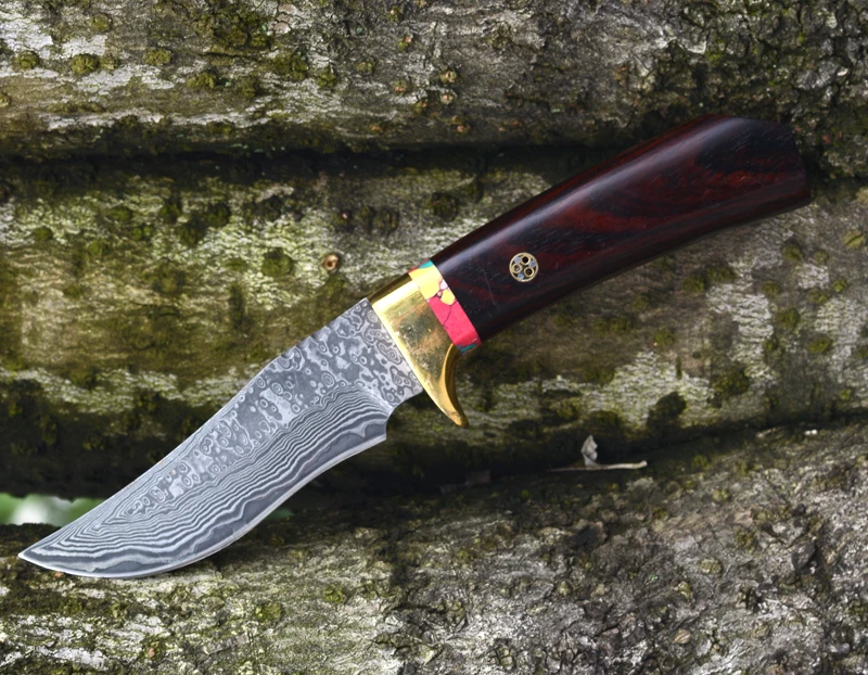 

Voltron Damascus Tactical Straight Knife, Red Pearwood Handle Outdoor Camping Knives, Collection Gift Knife