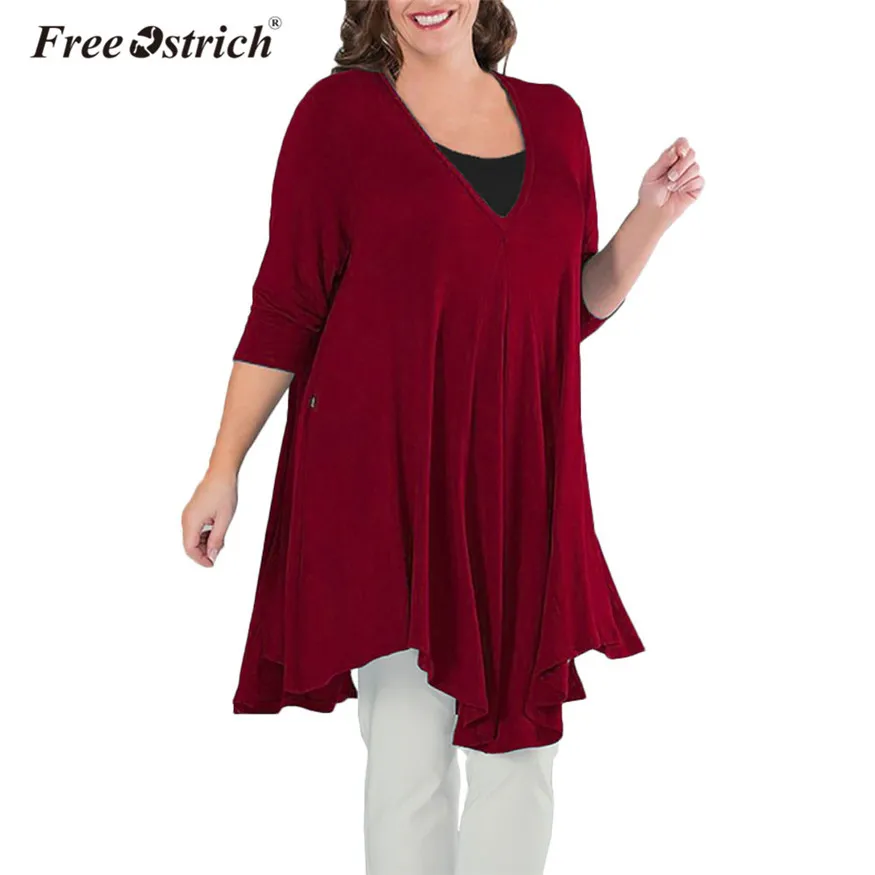 

Free Ostrich Plus Size Blouse Women Autumn Long Sleeve Loose Solid V-Neck Irregular Shirt women tops camisa feminina D2435
