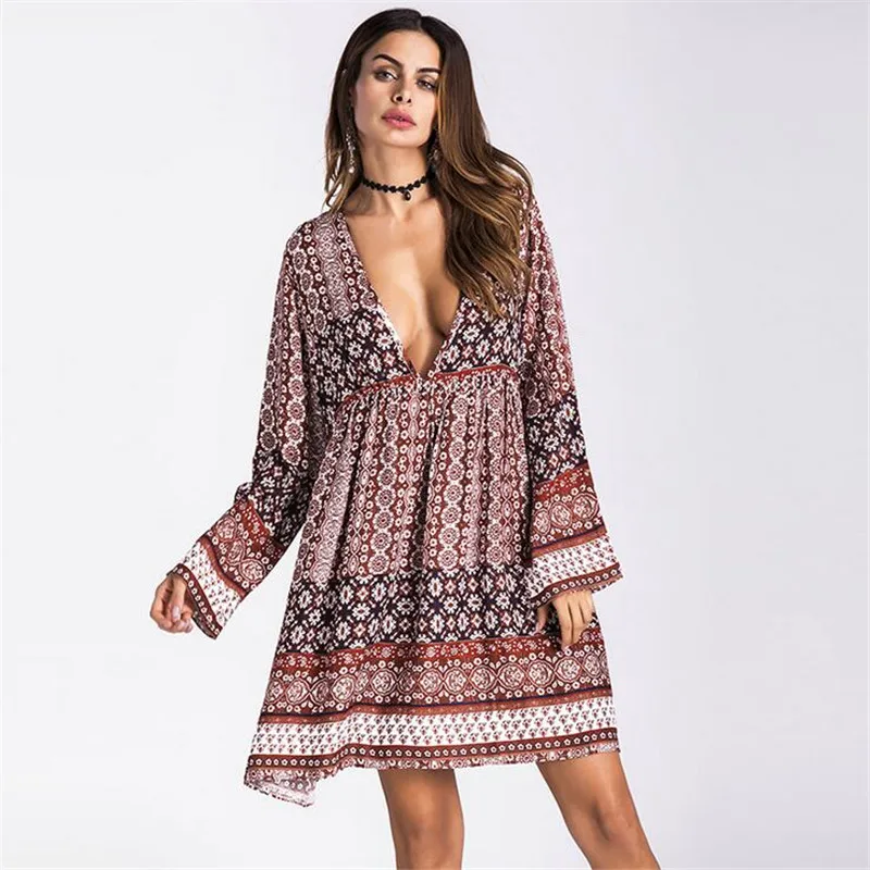 Autumn Sexy Deep V neck Beach dress For Women Boho Long Sleeve Printed ...