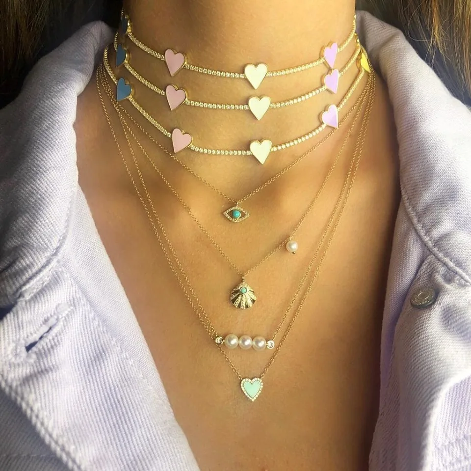 

2019 summer gift women jewelry tennis cz choker thin chain rainbow heart charm white pink yellow purple colorful choker necklace
