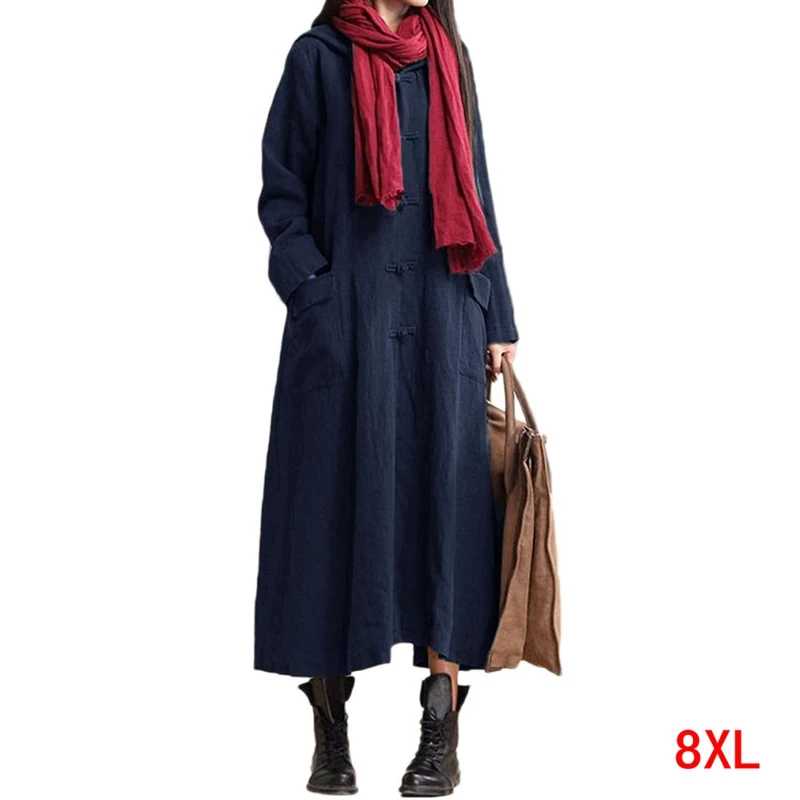 

Large size women's dress cotton and linen plus size 5XL 6XL 7XL8XL autumn long sleeve loose large pocket blue hooded dress