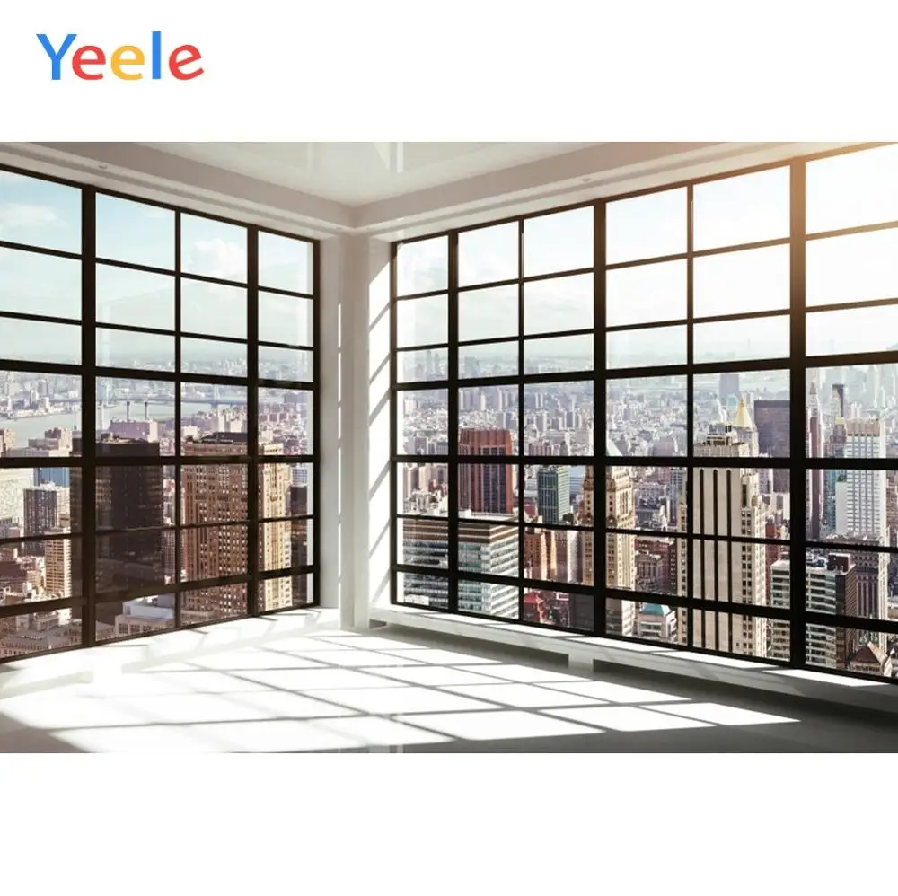 YEELE City Office Window Backdrop 12x8ft Interior with Three Ceiling Lamps Photography Background Work Event Decoration Kids Adults Portrait Photo Studio Props Wallpaper