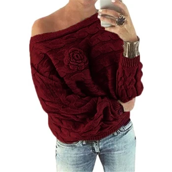 

Slash collar horizontal strip twist pullover sweater female chest three-dimensional flower bat shirt loose bottoming sweaterJ778