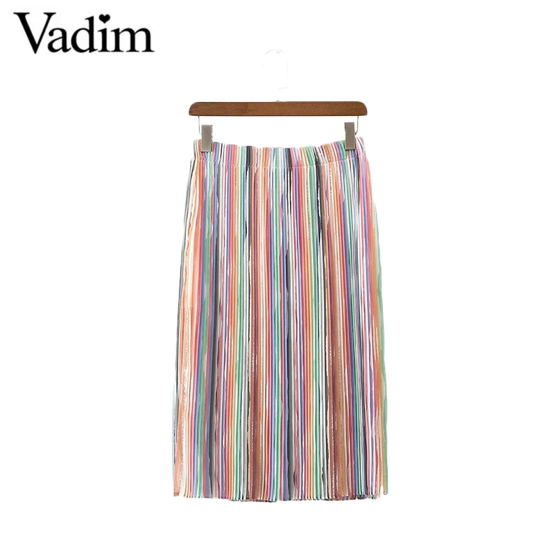 Women sweet rainbow striped pleated skirt with lining side zipper split
