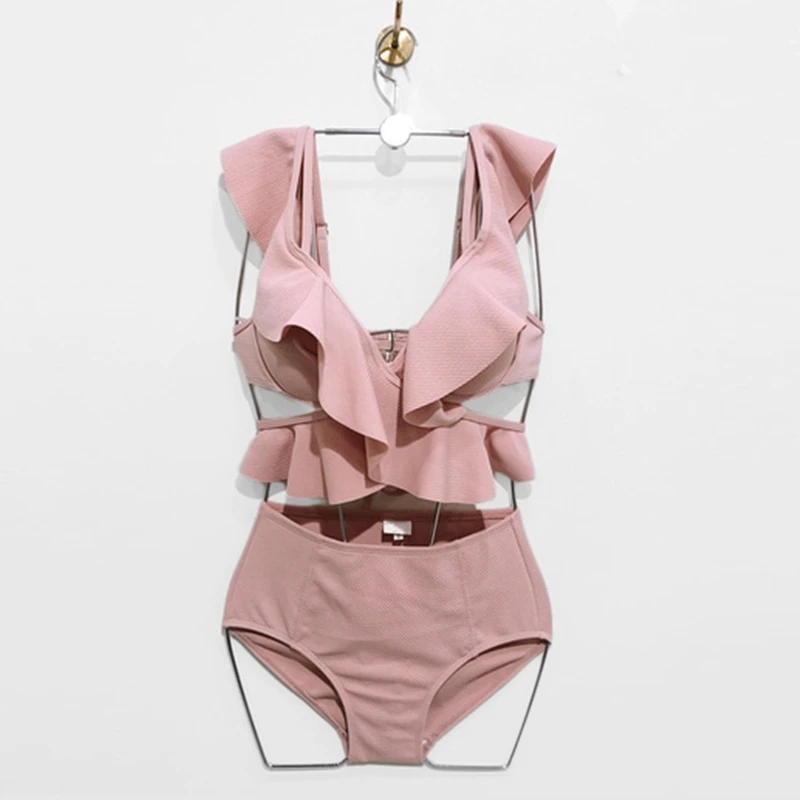 White Pink Ruffles Bikini Swimsuit Women Girls Flounced Bandage High Waist Swimwear Solid Push Up Bathing Suit Beach Wear Summer