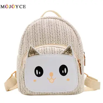 

Cute Children Cartoon Cat Design Straw Backpacks Kids Girls Rucksack Straw Woven School Summer Beach Backpack