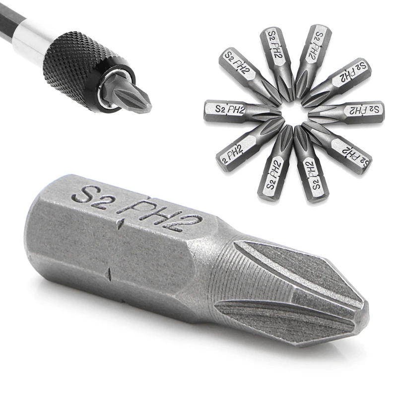 10 Pcs S2 Steel Screwdriver Bits 25mm Hex Shank Torque PH2 Antislip Magnetic for car accessories
