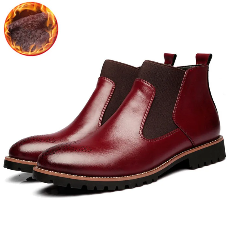 Для Мужчин's ботильоны «челси» Плюшевые зимние теплые ботинки для снежной погоды мужские черные кожаные Мужская деловая обувь; Botas; большие размеры 38-46, 328 м - Цвет: Red Fur