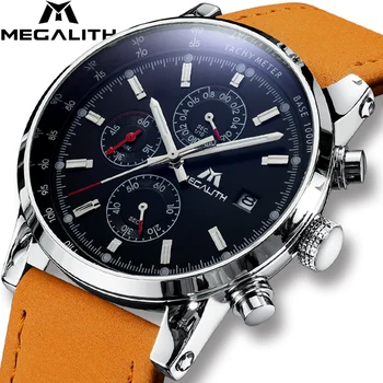 

MEGALITH Mens Watches Military Sport Waterproof Chronograph Date Wrist Watch Gents Business Brown Leather Quartz Watch Men Clock