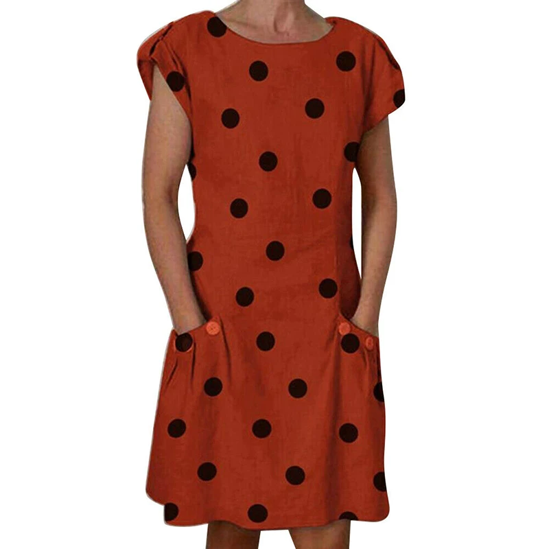 Hot Womens Popular Polka Dot Dress Short Sleeve Pocket Midi Dress Multicolor Casual Ladies Work Office Party Dress Crew Neck