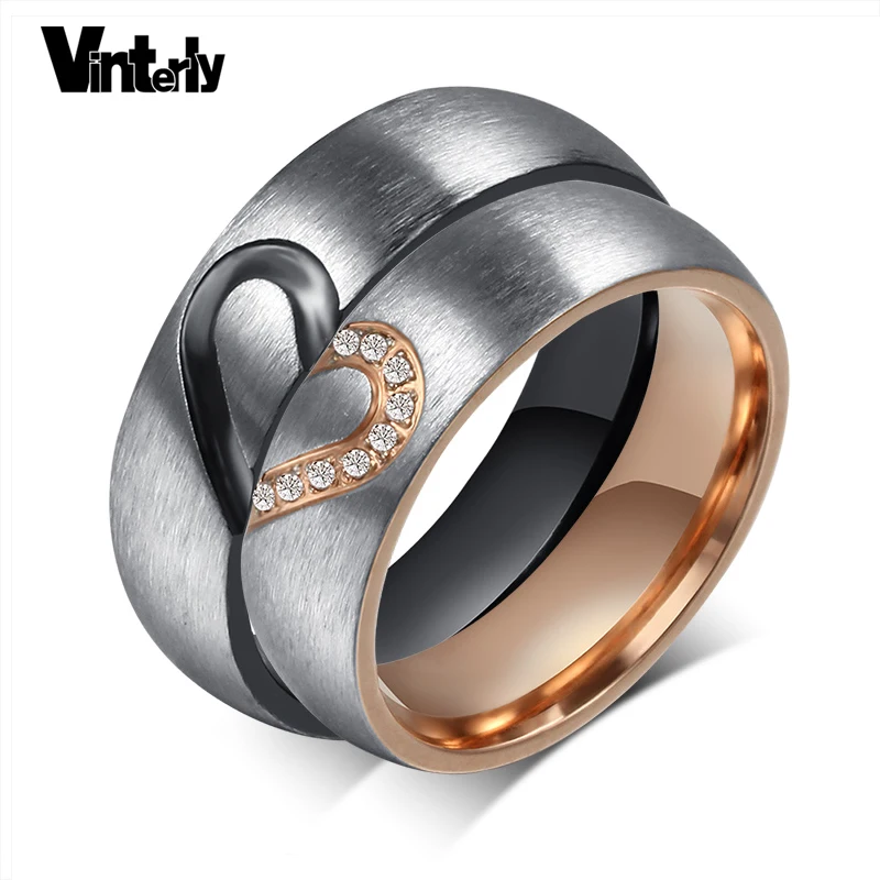 

Vinterly 6mm Love Puzzle Heart Ring Valentines Rose Gold Color Wedding Engagement Rings Jewelry for Female Male