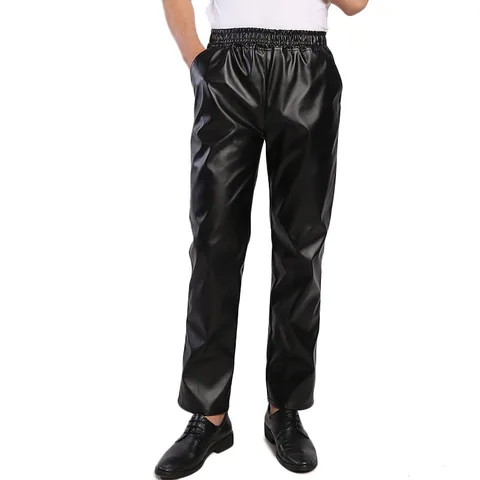Negócio dos Homens Calças de Couro Calças de Cintura Elástica para Homens Regular Stretchy Idopy Comfy Preto Sólido Falso Calças Jeans Fit