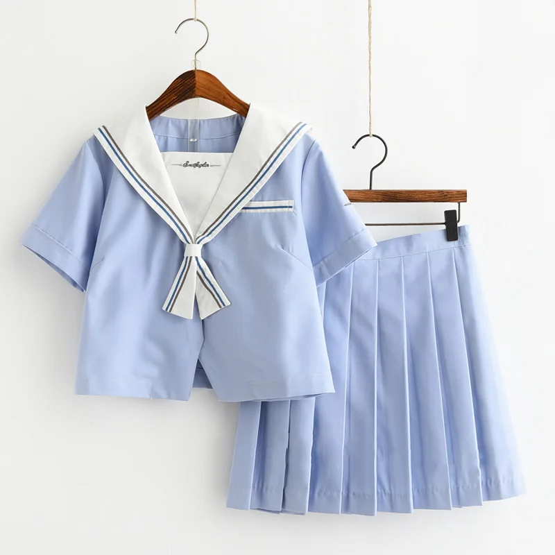 Japanese Harajuku Short sleeved School Girls' Uniforms Sky Blue Top+Skirt Sailor Uniform For