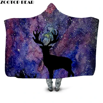 

Galaxy Black Deer 3D Printed Plush Hooded Blanket for Adults Children Warm Wearable Fleece Throw Blanket Home Office Washable