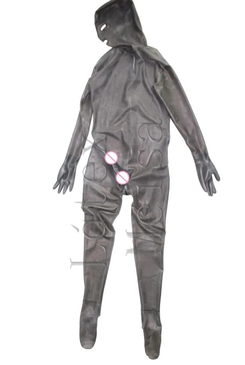 

Transparent black full cover homme tight latex catsuit with condom with latex hoods Fetish attached back zip to crotch