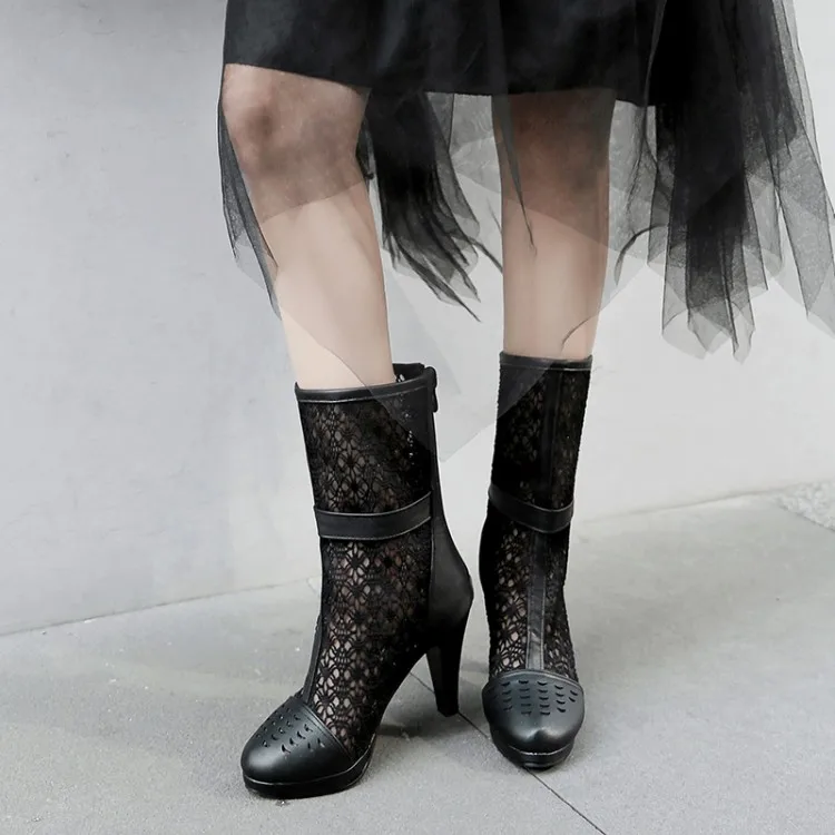 

Big Size 11 12 13 14 15 Ma'am Short boots Lace cooler boots High-heeled sanda Pure color Metal decoration