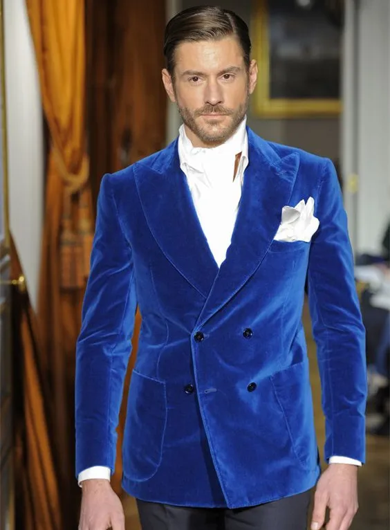 

Fashion Bespoke Men Suit Set For Wedding Prom Dinner (Jacket+Pants) Blue Velvet Mens Suits Groom Best Man Blazers Costume Homme