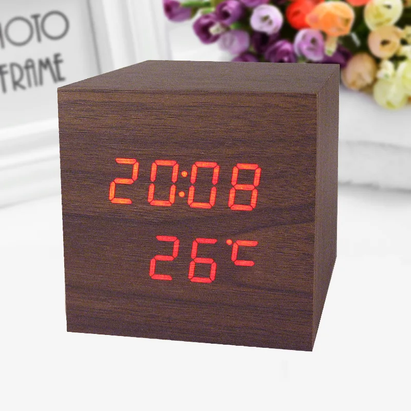 Двойной Дисплей электронный голос LED Температура часы Ретро Деревянный цифровой