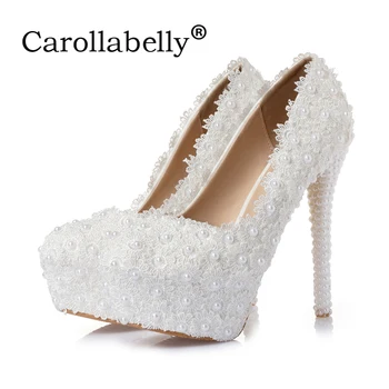

8cm/10cm/12cm/14cm Women Fashion Sweet White Flower Lace Platform High Heels Pearls rhinestone Wedding Shoes Bride Dress Shoes